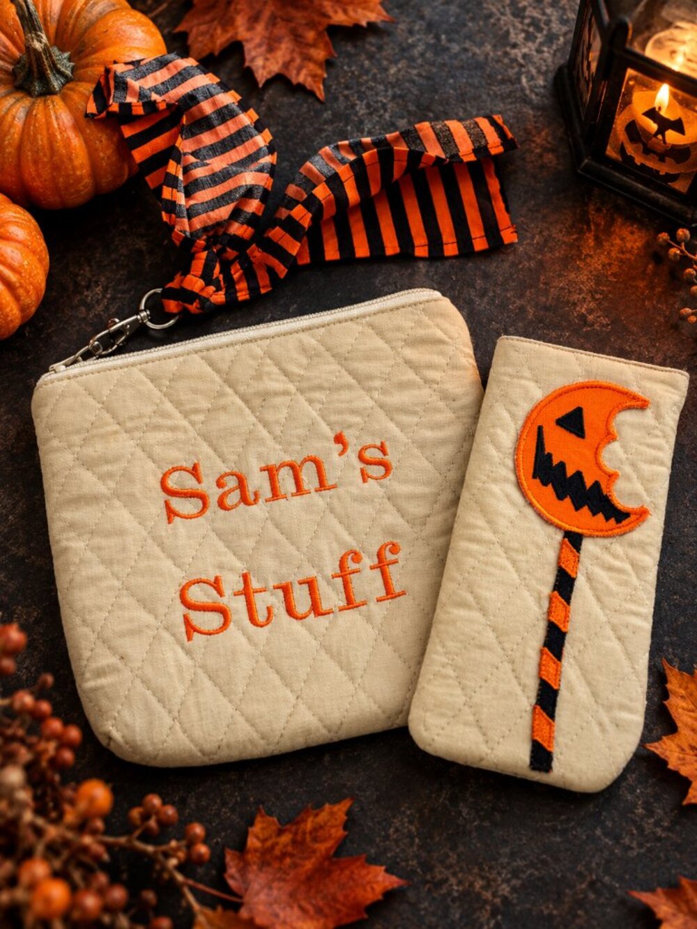 Trick r Treat Sam Inspired Halloween Quilted Pouch Glasses Case 2pc Set